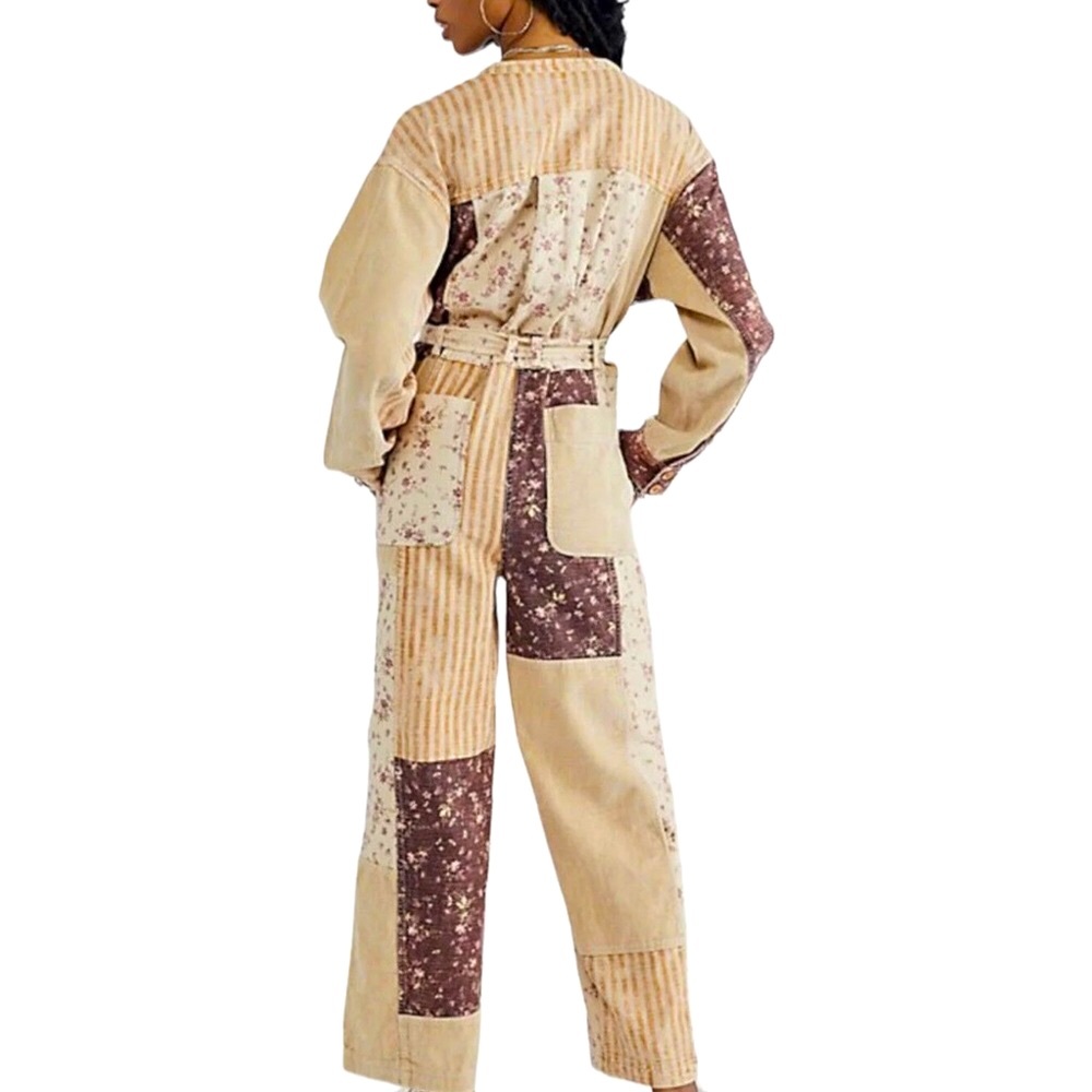 Free People Road Trip Patched M Pink Beige Utility Belted Patchwork Coveralls - Picture 4 of 7